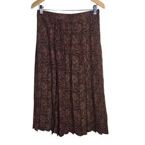 Vtg Paisley Pleated Midi Skirt Brown Pink Blue Silk 12 Retro Fall Boho Paisley
